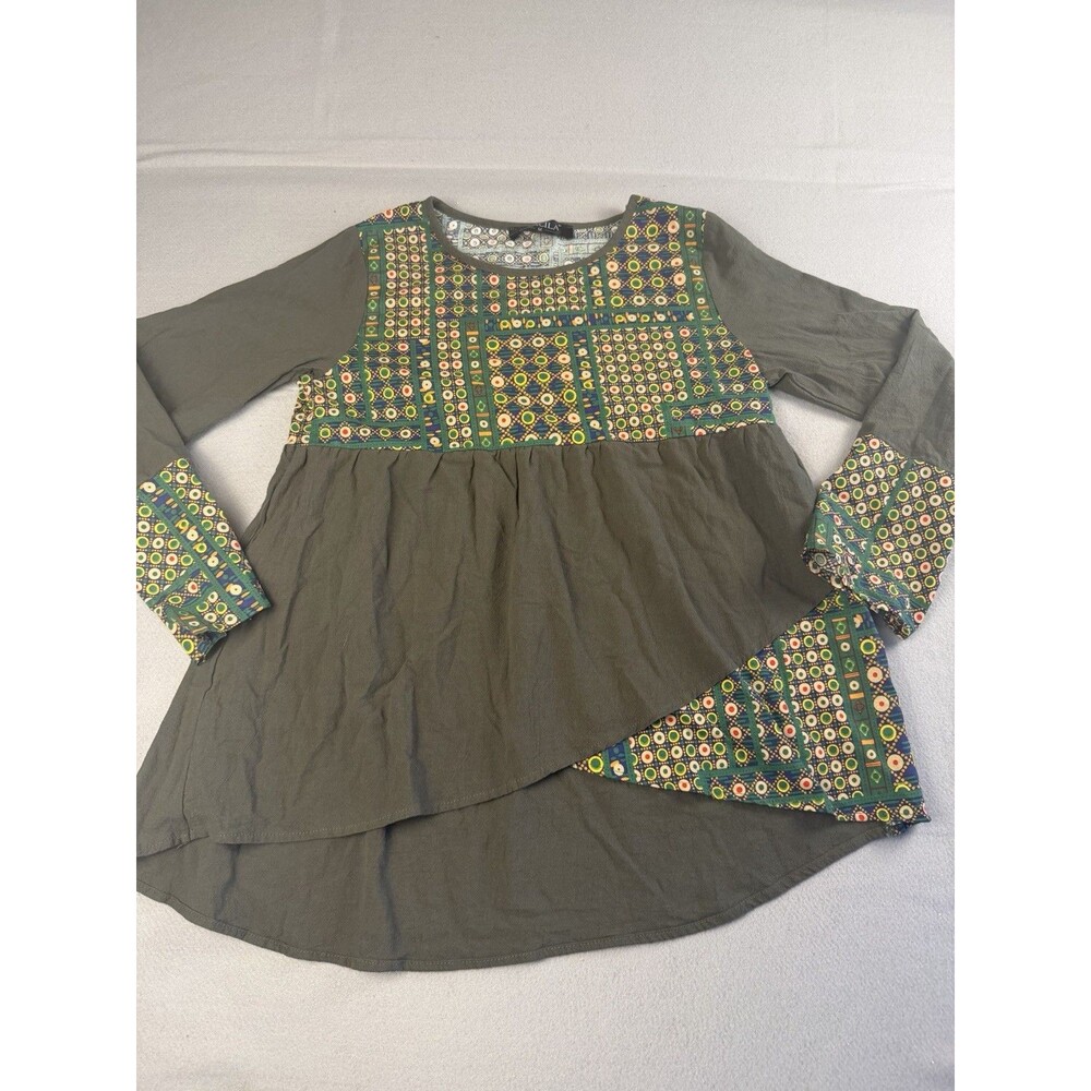 Gracila Tunic Top Round Neck Long Sleeve Geometric Cotton Green Women's M